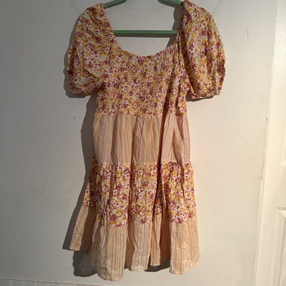 Umgee USA Small Boho Smocked Tiered Babydoll Dress Puff Sleeve Scoop Neck
